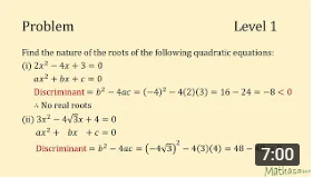 Finding nature of roots of given quadratic equations